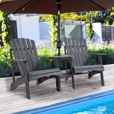 Outsunny Wooden Outdoor Double Adirondack Chair w/ Center Table & Umbrella Hole Dark Grey