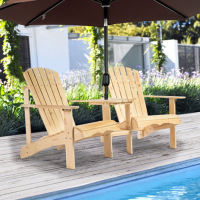 Outsunny Wooden Outdoor Double Adirondack Chair w/ Center Table & Umbrella Hole