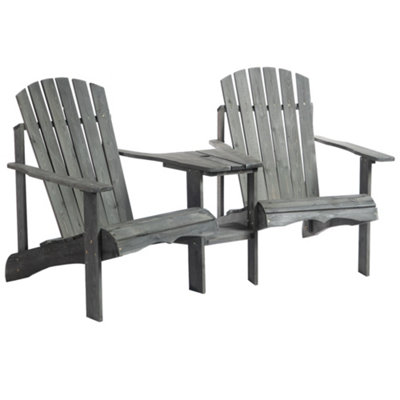 Outsunny Wooden Outdoor Double Adirondack Chair with Center Table & Umbrella Hole Grey