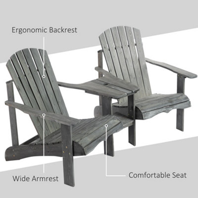 Outsunny Wooden Outdoor Double Adirondack Chair with Center Table & Umbrella Hole Grey - 5