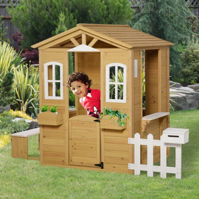 Outsunny Wooden Outdoor Playhouse w/ Door Windows Bench for Kids Children