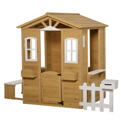 Outsunny Wooden Outdoor Playhouse w/ Door Windows Bench for Kids Children