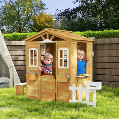 Outsunny Wooden Outdoor Playhouse W/ Door Windows Bench For Kids Child