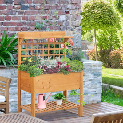 Outsunny Wooden Planter Raised Elevated Garden Bed w/ 2 Shelves