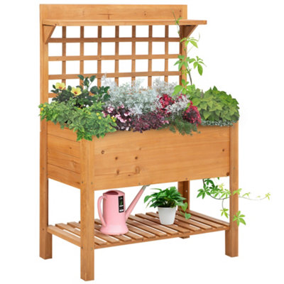 Outsunny Wooden Planter Raised Elevated Garden Bed w/ 2 Shelves, 105x40x135cm