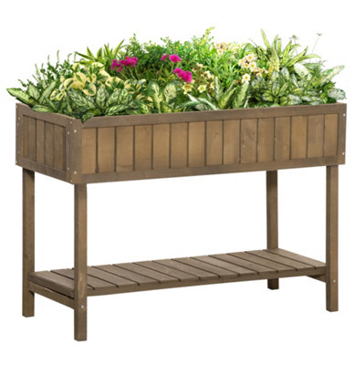 Outsunny Wooden Planter Stand 8 Cubes Bottom Shelf Raised Bed Brown