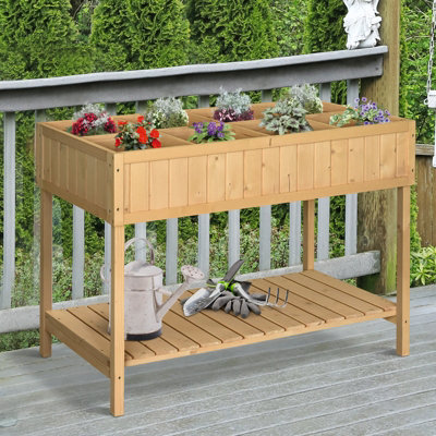 Outsunny Wooden Planter Stand 8 Cubes Bottom Shelf Raised Bed Natural