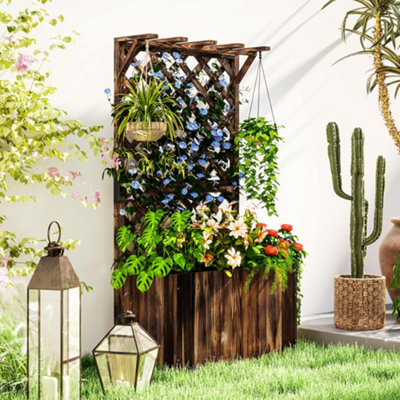 Outsunny Wooden Planter with Trellis and Drainage Holes, Carbonised