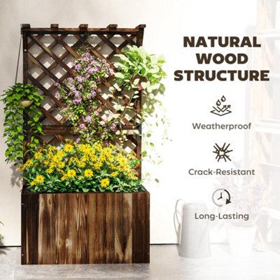 Outsunny Wooden Planter with Trellis and Drainage Holes, Carbonised