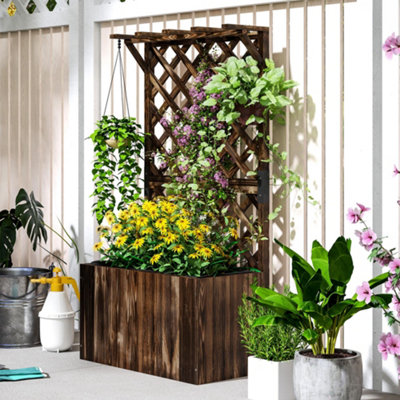 Outsunny Wooden Planter with Trellis and Drainage Holes, Carbonised