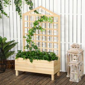 Outsunny Wooden Planters with Trellis for Vine Climbing, Raised Beds for Garden Patio, Outdoor Planter Box Distressed Natural Tone