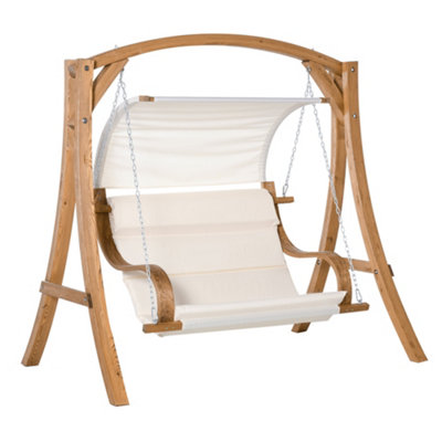 Outsunny Wooden Porch A-Frame Swing Chair withCanopy and Cushion for Patio Garden