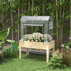 Outsunny Wooden Raised Planter, Garden Bed with Greenhouse Cover and Bed Liner