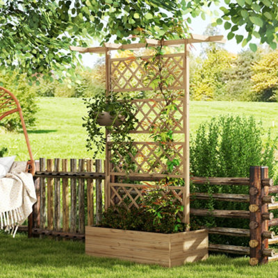 Quictent Raised Garden Bed Wood Planter Box With Lattice Trellis For Vine Climbing Plants Flower Free-Standing, For Patio Garden Indoor