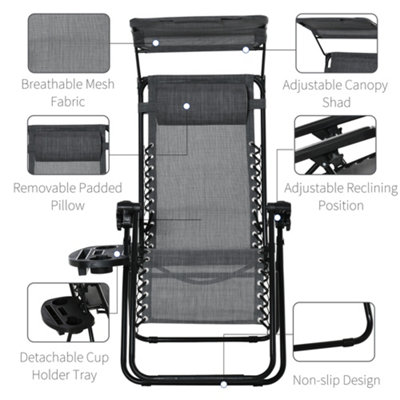 Outsunny Zero Gravity Chair Adjustable Patio Lounge w/ Cup Holder & Canopy Grey - 5