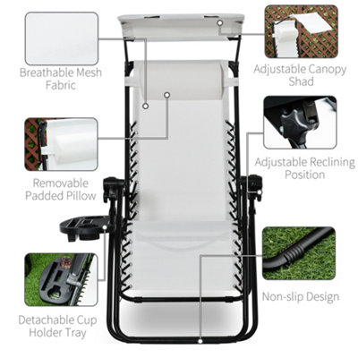 Outsunny Zero Gravity Chair Adjustable Patio Lounge w/ Cup Holder & Canopy White - 5