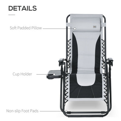 Outsunny Zero Gravity Lounger Folding Recliner Chair with Cup Holder Padded Pillow Light Grey - 7