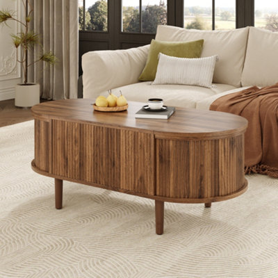 Oval Adjustable Coffee Table with Storage - Walnut Finish, Vintage Style