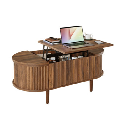 Oval Adjustable Coffee Table with Storage - Walnut Finish, Vintage Style