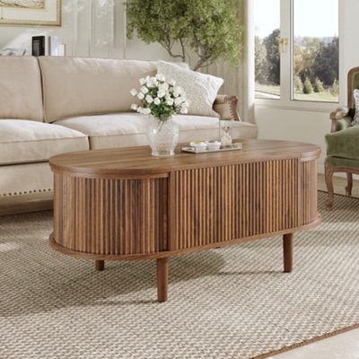 Oval Adjustable Coffee Table with Storage - Walnut Finish, Vintage Style