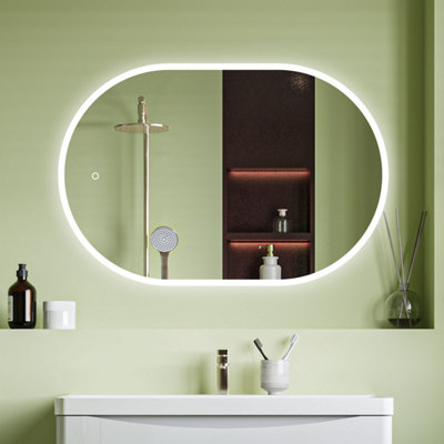 Oval Bathroom Mirror with LED Lights and Demister Pad Anti-fog Touch ...