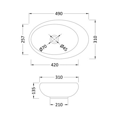 Oval Ceramic Countertop Vessel without Overflow - 490mm