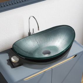 Oval Glass Counter Mounted Bathroom Counter Top Basin W 530mm x D 370mm