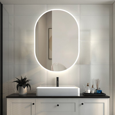 Oval Illuminated Bathroom Mirror with 3 Color Lights Dimmable Demister ...