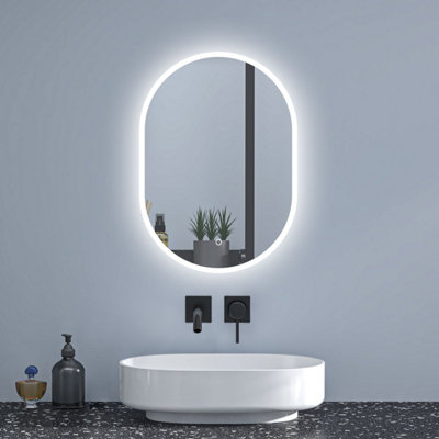 Oval LED Bathroom Mirror Anti Fog Dimmable 3 Colour Lighting Touch/Wall ...