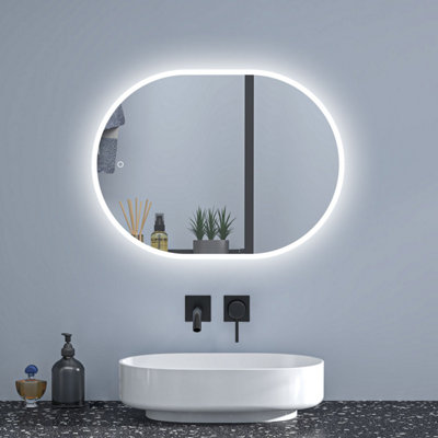 Oval LED Bathroom Mirror Anti Fog Dimmable 3 Colour Lighting Touch/Wall ...