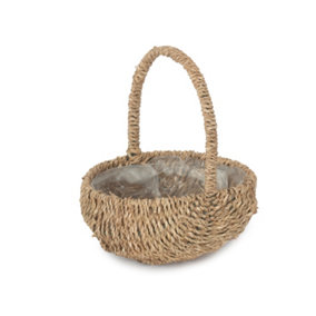 Oval Seagrass Flower Plastic Lined Basket