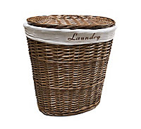 Oval Wicker Laundry Basket With Lid & Removable Cotton Lining Brown Medium 32x42x49 cm