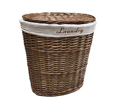 Oval Wicker Laundry Basket With Lid & Removable Cotton Lining Brown Medium 32x42x49 cm