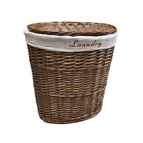 Oval Wicker Laundry Basket With Lid & Removable Cotton Lining Brown Medium 32x42x49 cm