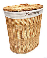 Oval Wicker Laundry Basket With Lid & Removable Cotton Lining Pine with White cloth,Large 37x50x55 cm