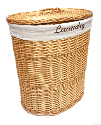 Oval Wicker Laundry Basket With Lid & Removable Cotton Lining Pine with