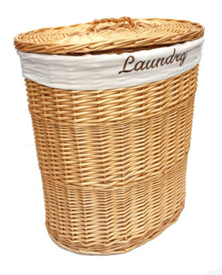 Oval Wicker Laundry Basket With Lid & Removable Cotton Lining Pine with White cloth,Large 37x50x55 cm