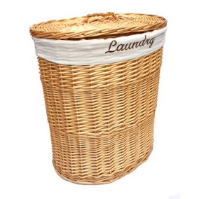 Oval Wicker Laundry Basket With Lid & Removable Cotton Lining Pine with White cloth,Large 37x50x55 cm