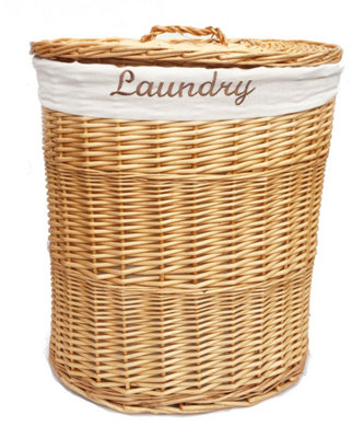 Oval Wicker Laundry Basket With Lid & Removable Cotton Lining Pine with White cloth,Medium 32x42x49 cm