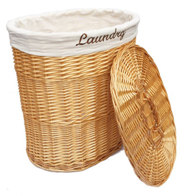 Oval Wicker Laundry Basket With Lid & Removable Cotton Lining Pine with White cloth,Medium 32x42x49 cm