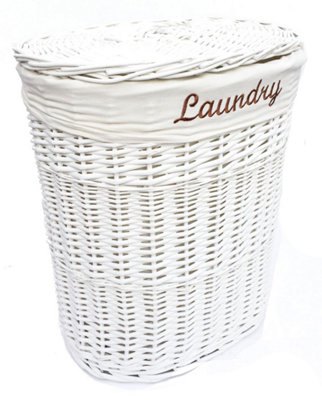 Oval Wicker Laundry Basket With Lid & Removable Cotton Lining White Medium 32x42x49 cm