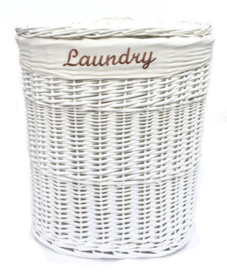 Oval Wicker Laundry Basket With Lid & Removable Cotton Lining White Medium 32x42x49 cm