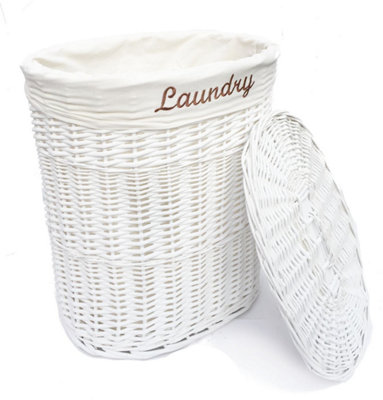 Oval Wicker Laundry Basket With Lid & Removable Cotton Lining White Medium 32x42x49 cm - 3
