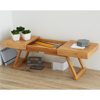 Over Desk Storage Shelf Foldaway Wooden Bamboo Home Office