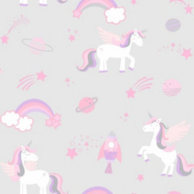 Over the Rainbow Unicorns and Rockets Wallpaper Grey Holden 90960
