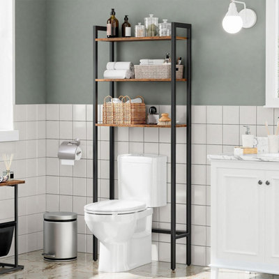 Gray Wood and Industrial Metal Pipe Freestanding Toilet Paper Roll Holder  Stand with Reserve Storage and Top Shelf Tray