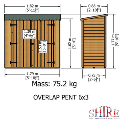 Overlap 6 x 3 Feet Pressure Treated Pent Shed Double Door - 6