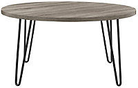 Owen retro round coffee table in distressed grey oak