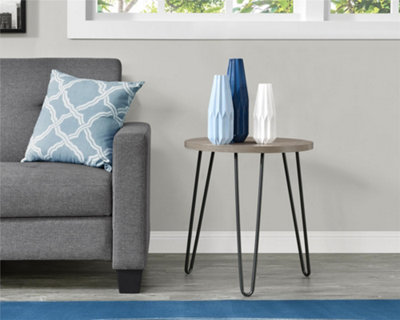 Owen Retro Round End Table in Distressed Grey Oak
