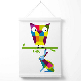 Owl Bright Geometric Animal Poster with Hanger / 33cm / White